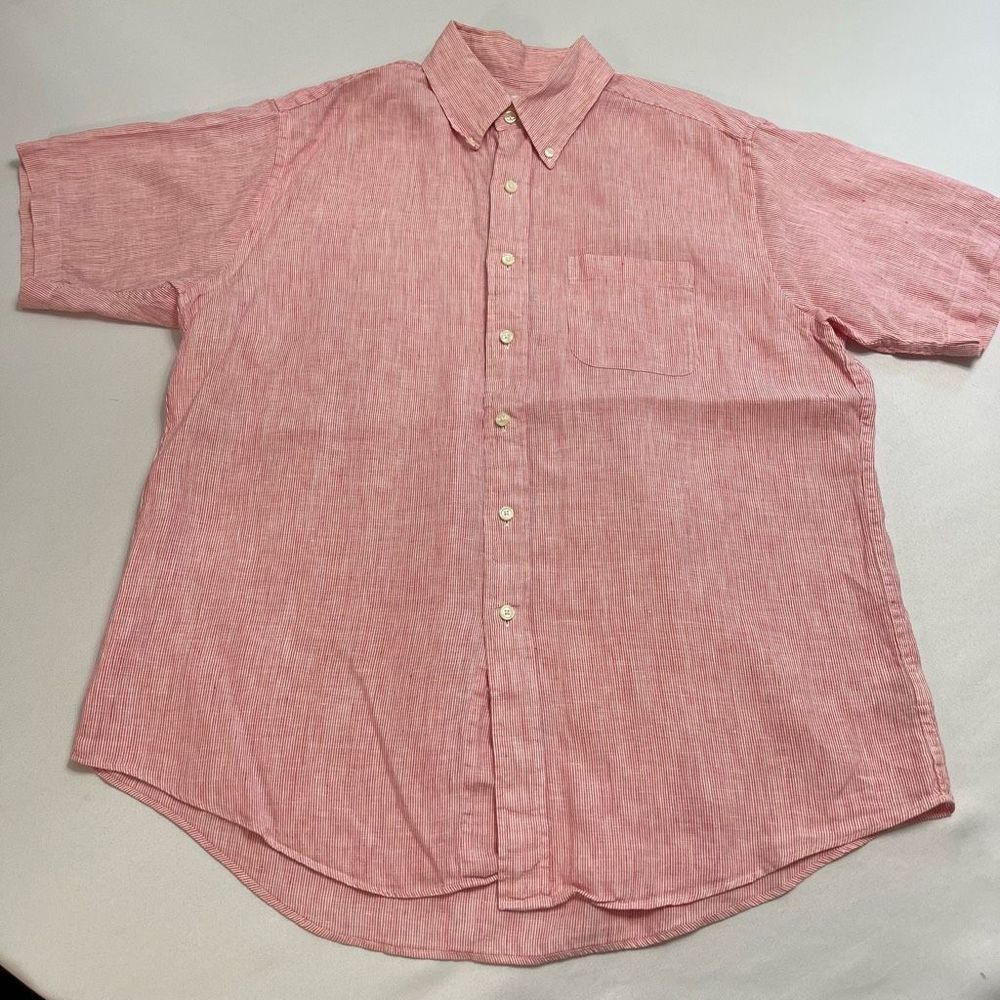 Brooks Brothers Regular Fit Irish Linen Red White Button Up Shirt Size Large.